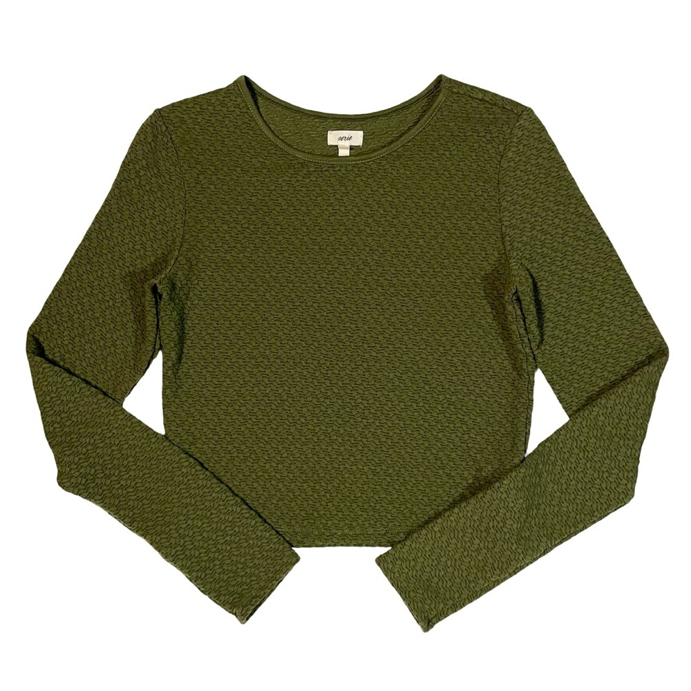NWT Aerie Seamless Olive Green Textured Rib Crop Long Sleeve Top